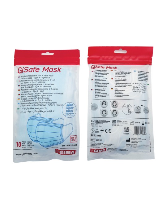 GISAFE MASCHERINA CHIRURGICA FILTRANTE 98% 3 VELI tipo IIR con elastici - pediatrica - azzurra - flowpack
