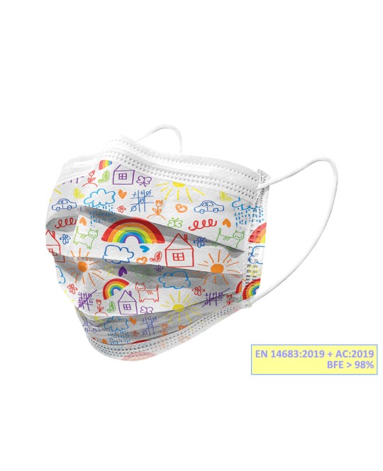 GISAFE MASCHERINA CHIRURGICA FILTRANTE 98% 3 VELI tipo IIR con elastici - pediatrica - cartoon - flowpack