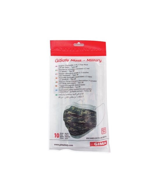 GISAFE MASCHERINA CHIRURGICA FILTRANTE 98% 3 VELI tipo IIR con elastici - adulti - militare - flowpack