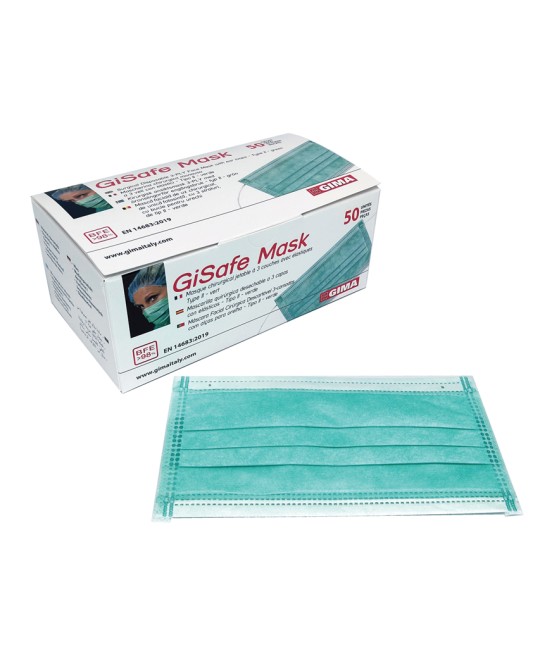 GISAFE MASCHERINA CHIRURGICA FILTRANTE 98% 3 VELI tipo IIR con elastici - adulti - verde chiaro - scatola