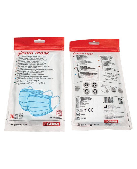 GISAFE MASCHERINA CHIRURGICA FILTRANTE 98% 3 VELI tipo IIR con elastici - adulti - azzurra - flowpack