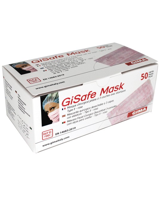 GISAFE MASCHERINA CHIRURGICA FILTRANTE 98% 3 VELI tipo IIR con elastici - adulti - rosa - scatola