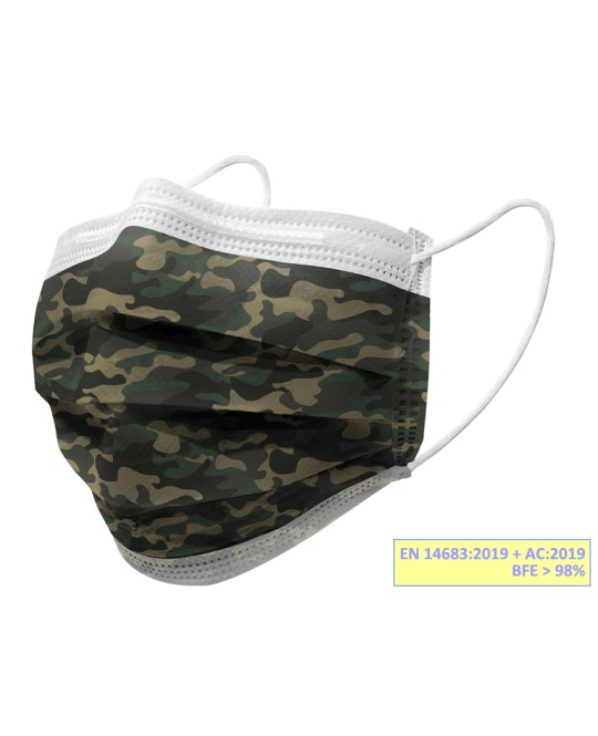 GISAFE MASCHERINA CHIRURGICA FILTRANTE 98% 3 VELI tipo IIR con elastici - adulti - militare - flowpack