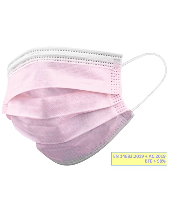 GISAFE MASCHERINA CHIRURGICA FILTRANTE 98% 3 VELI tipo IIR con elastici - adulti - rosa - flowpack