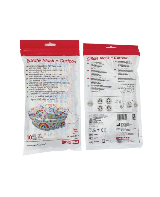 GISAFE MASCHERINA CHIRURGICA FILTRANTE 98% 3 VELI tipo IIR con elastici - adulti - cartoon - flowpack