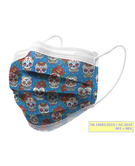 GISAFE MASCHERINA CHIRURGICA FILTRANTE 98% 3 VELI tipo IIR con elastici - adulti - teschi - flowpack