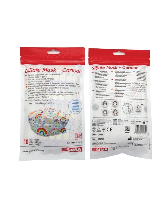 GISAFE MASCHERINA CHIRURGICA FILTRANTE 98% 3 VELI tipo IIR con elastici - pediatrica - cartoon - flowpack
