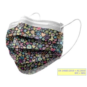 GISAFE MASCHERINA CHIRURGICA FILTRANTE 98% 3 VELI tipo IIR con elastici - adulti - peace - flowpack