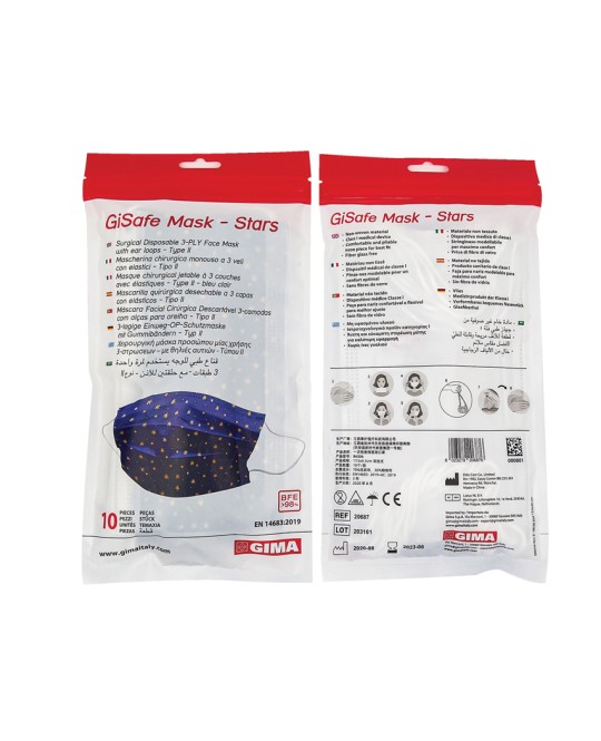 GISAFE MASCHERINA CHIRURGICA FILTRANTE 98% 3 VELI tipo IIR con elastici - adulti - stars - flowpack