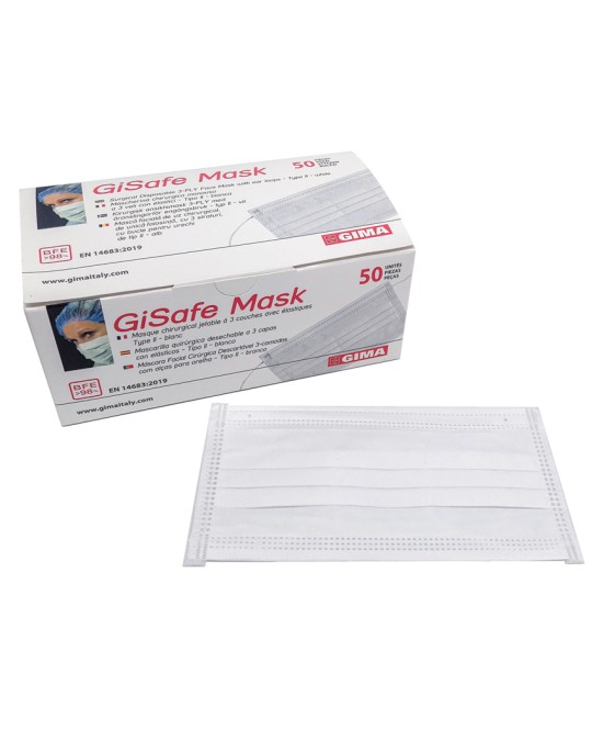 GISAFE MASCHERINA CHIRURGICA FILTRANTE 98% 3 VELI tipo IIR con elastici - adulti - bianca - scatola