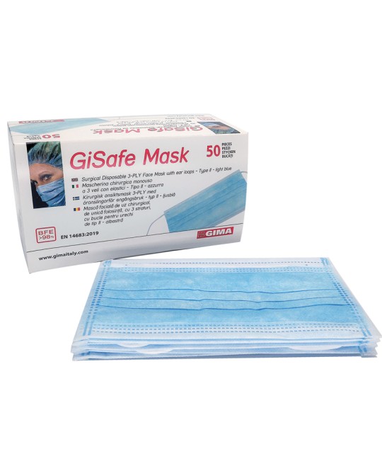 GISAFE MASCHERINA CHIRURGICA FILTRANTE 98% 3 VELI tipo IIR con elastici - adulti - azzurra - scatola