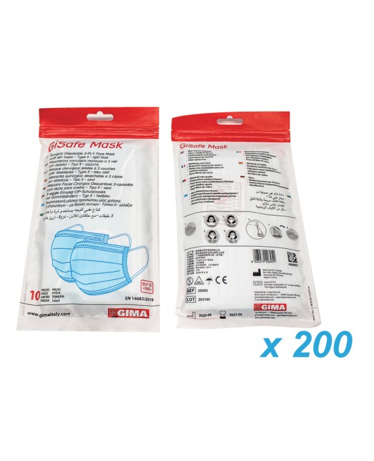 GISAFE MASCHERINA CHIRURGICA FILTRANTE 98% 3 VELI tipo IIR con elastici - adulti - azzurra - flowpack