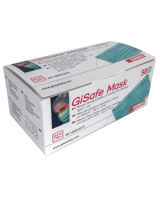 GISAFE MASCHERINA CHIRURGICA FILTRANTE 98% 3 VELI tipo IIR con elastici - adulti - verde chiaro - scatola