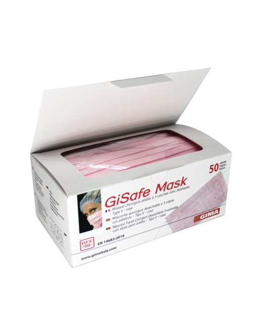 GISAFE MASCHERINA CHIRURGICA FILTRANTE 98% 3 VELI tipo IIR con elastici - adulti - rosa - scatola