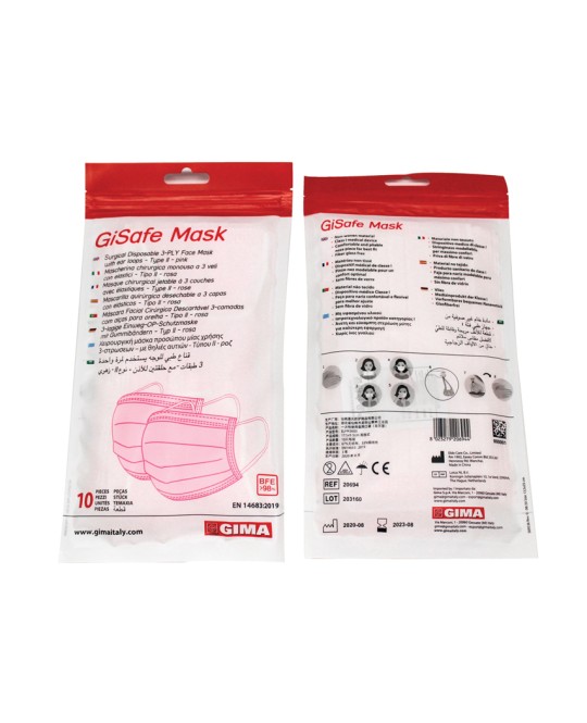 GISAFE MASCHERINA CHIRURGICA FILTRANTE 98% 3 VELI tipo IIR con elastici - adulti - rosa - flowpack