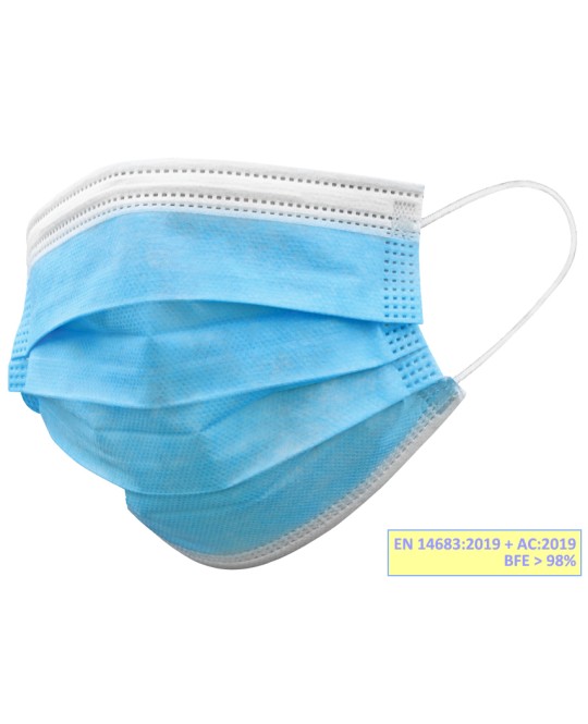 GISAFE MASCHERINA CHIRURGICA FILTRANTE 98% 3 VELI tipo IIR con elastici - adulti - azzurra - flowpack