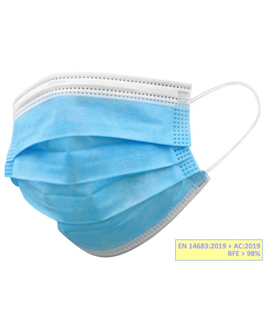 GISAFE MASCHERINA CHIRURGICA FILTRANTE 98% 3 VELI tipo IIR con elastici - adulti - azzurra - imbustata singolarmente - scatola