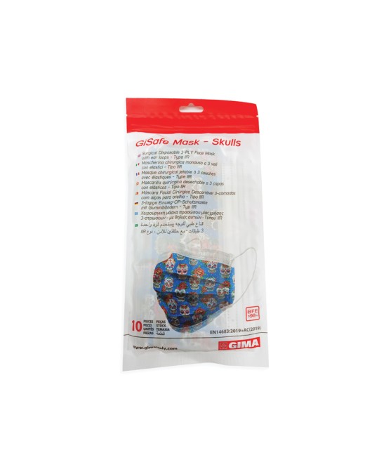 GISAFE MASCHERINA CHIRURGICA FILTRANTE 98% 3 VELI tipo IIR con elastici - adulti - teschi - flowpack
